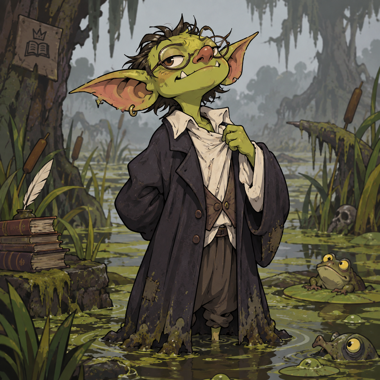 Flum the Goblin surrounded by books in his swamp study